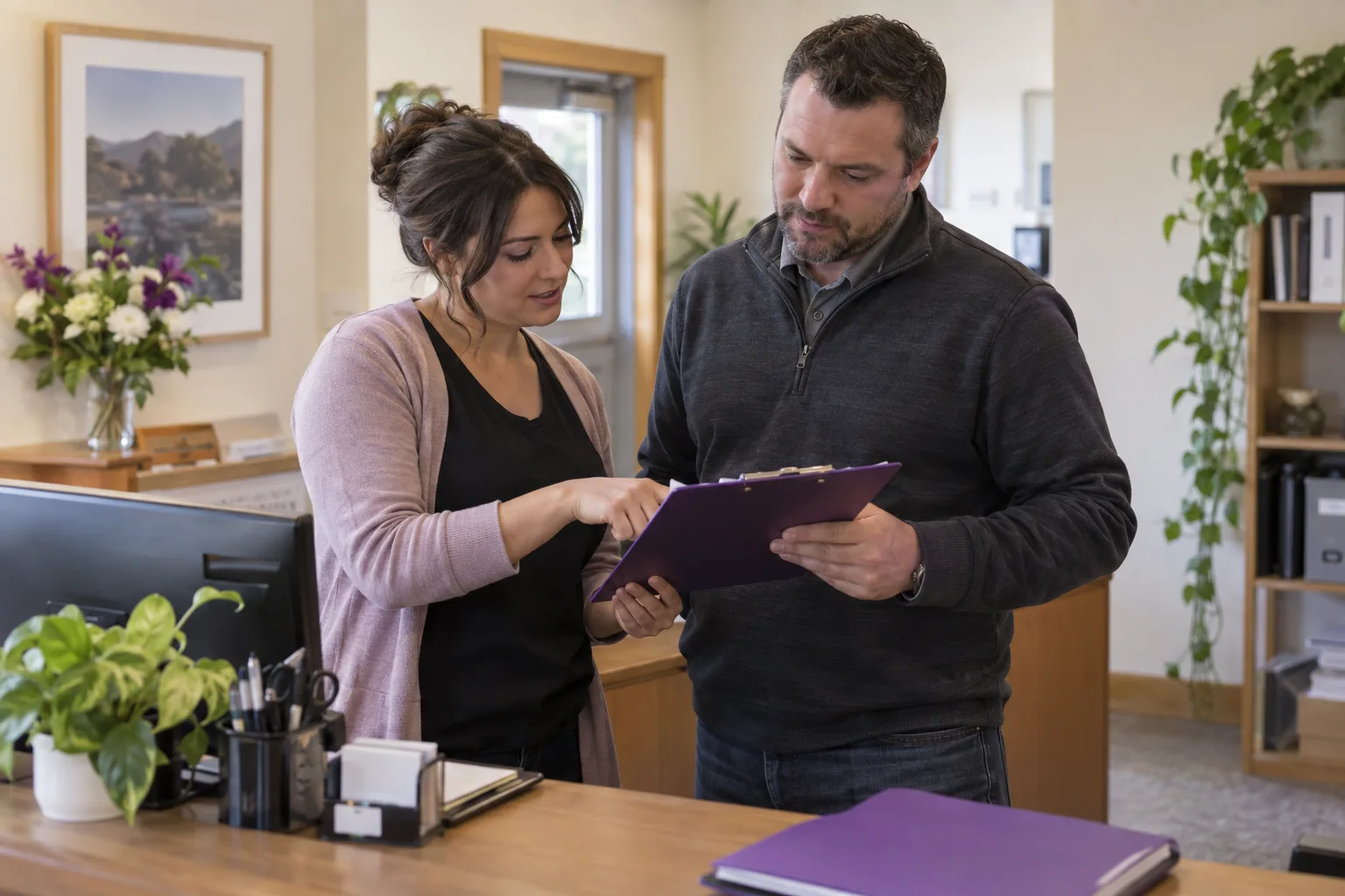Illustrative staff handoff at a shared work table